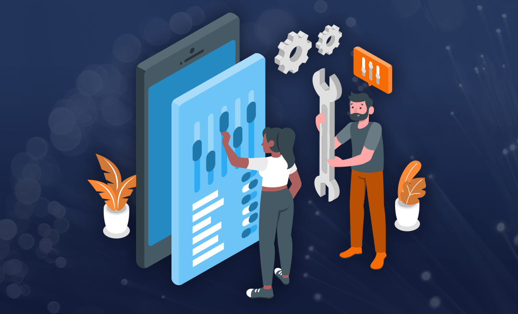 Tendências. Imagem de uma ilustração da tela de um computador e uns bonecos em pé mexendo na tela. 