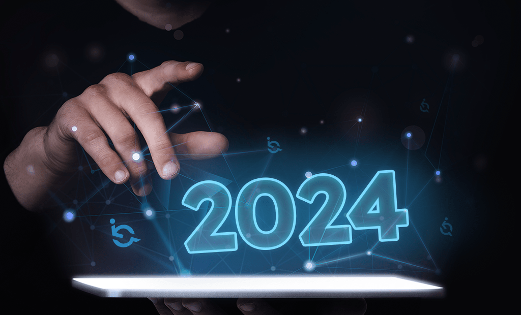 Tendências. Imagem de uma tela de tablet pra cima e um número 2024