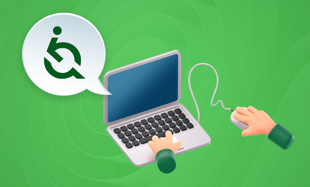 Comunicação: Imagem de uma ilustração com fundo verde. No centro da ilustração, temos um notebook aberto com uma mão teclando. Ao lado do notebook, há uma caixa de diálogo com o logo da EqualWeb em verde.