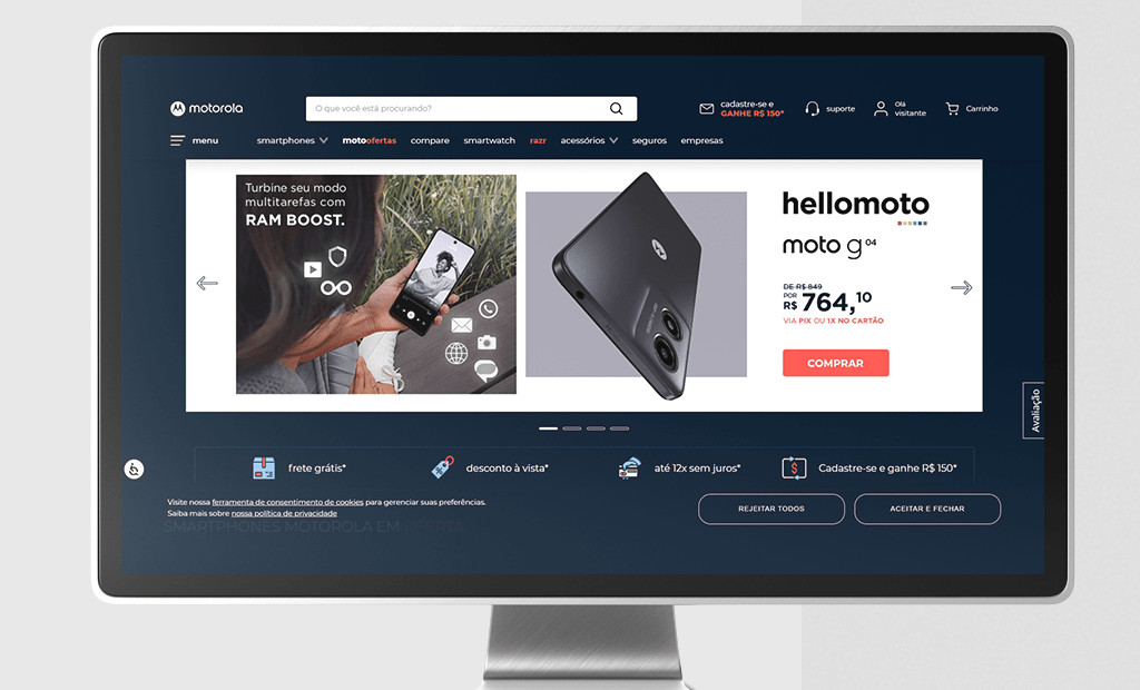 Acessibilidade. A imagem mostra a tela de um computador exibindo a página inicial do site da motorola