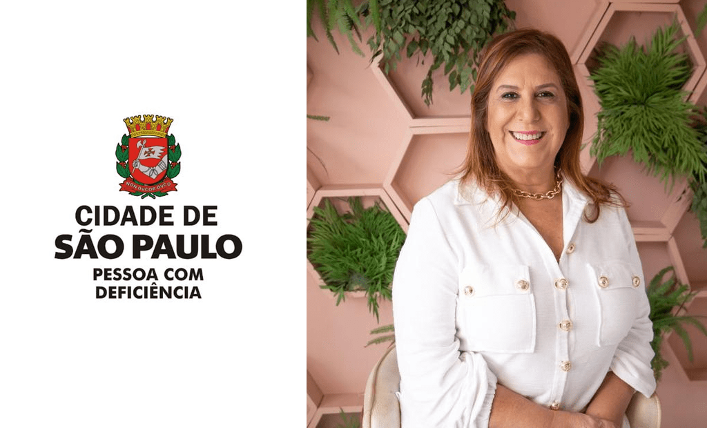 À esquerda, temos o logotipo da Cidade de São Paulo Pessoa com Deficiência e, à direita, representando a liderança feminina da SMPED, temos a foto de Silvia Grecco. Sua descrição física é de uma mulher branca com cabelos loiros, vestindo uma blusa branca.