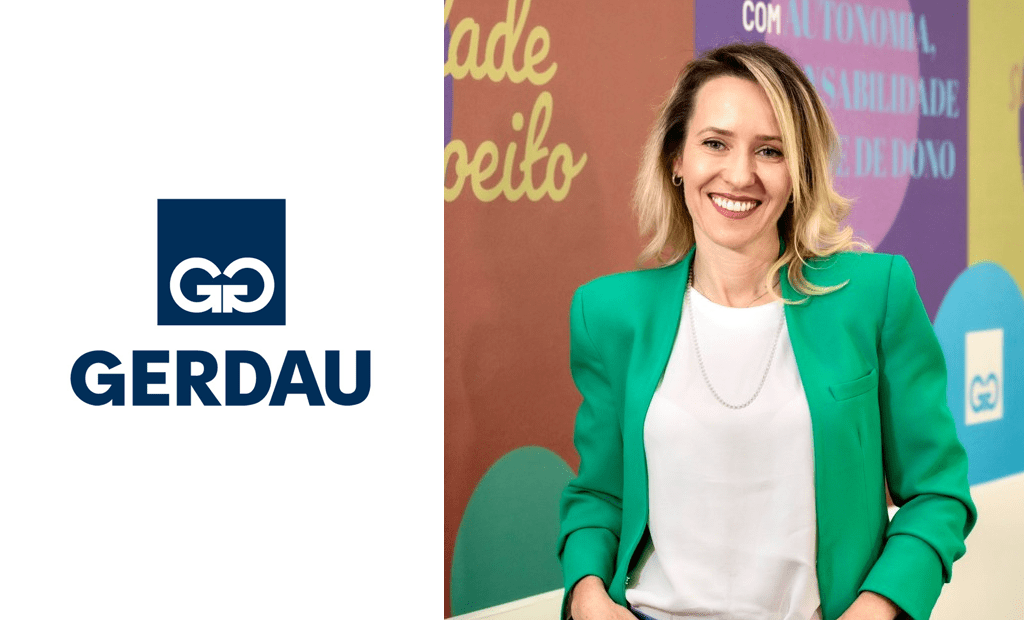 À esquerda, temos o logotipo da Gerdau e, à direita, representando a liderança feminina da Gerdau, temos a foto de Carla Fabiana. Sua descrição física é de uma mulher branca com cabelos loiros, vestindo blusa branca e blazer verde.