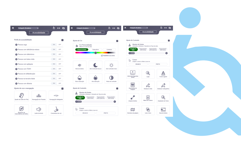 Acessíveis. Imagem de um banner de fundo branco e com a logo da EqualWeb em azul do lado direito. Ao lado esquerdo temos a ferramenta da EqualWeb aberta mostrando suas funcionalidades.