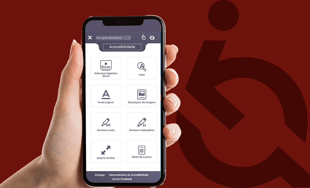 Descrições. Sobre um fundo vermelho temos uma mão feminia segundando um celular, na tela aparece a ferramenta da EqualWeb aberta. Ao lado esquerdo temos a logo da EqualWeb em transparência.