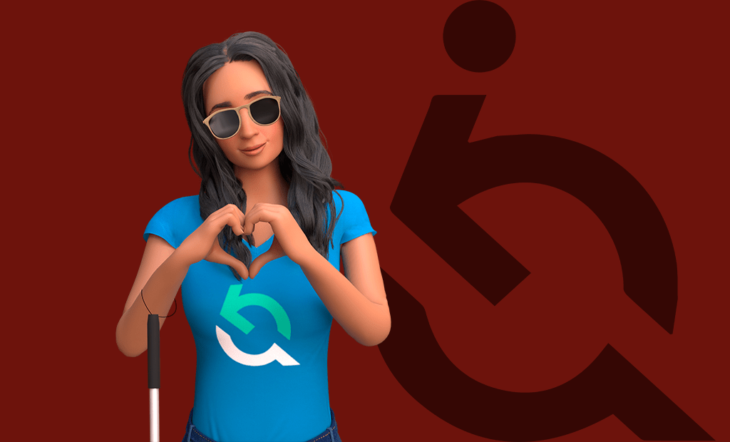 Reserva. Imagem da Ewa personagem da EqualWeb de blusa azul e fazendo coração na mão. A ilustração está em um fundo vinho com uma logo em transparência da EqualWeb. 