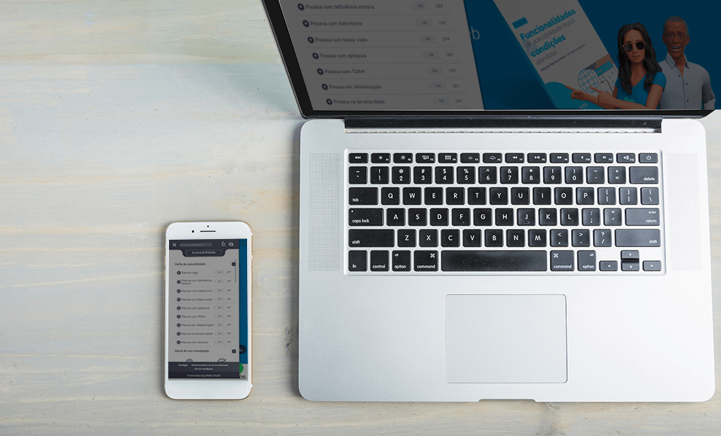 Responsividade. Imagem de um notebook e um celular aberto na página do site da EqualWeb.