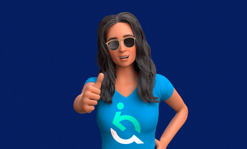 ODS. Imagem da personagem Ewa em um fundo azul escuro. Ela usa a blusa da EqualWeb e óculos escuro. 