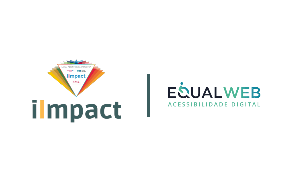 iImpact.Dois logotipos lado a lado, separados por uma linha vertical. À esquerda, está o logotipo do "ilmpact 2024". À direita, está o logotipo da "EQUALWEB - Acessibilidade Digital"