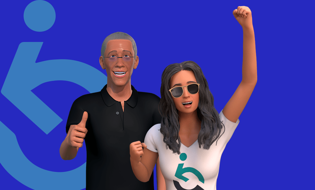 iImpact.  Ewerton e Ewa, personagens da EqualWeb, em um fundo azul com o símbolo da EqualWeb em destaque. Ewerton, que possui cabelos curtos e grisalhos, está usando óculos, veste uma camisa polo preta, sorri e faz um gesto positivo com o polegar levantado. Ao lado dele, Ewa, com cabelos longos e escuros, usa óculos de sol e uma camiseta branca com o símbolo da EqualWeb em verde e preto estampado na frente. A imagem transmite uma mensagem de inclusão e acessibilidade digital.

