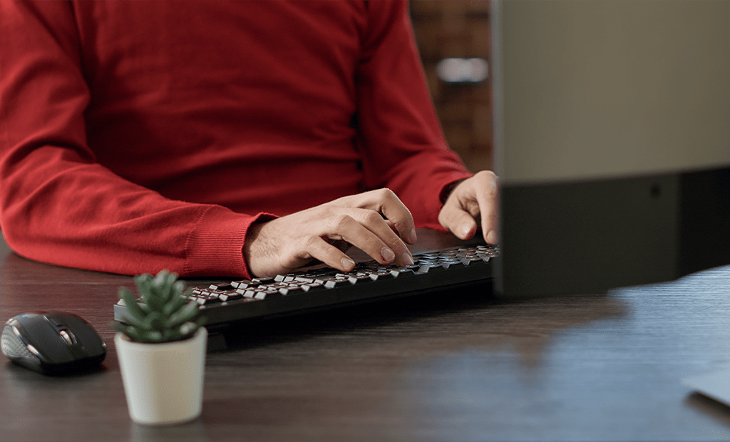 Leitores de tela. Pessoa com blusa vermelha digita em um teclado de computador, com um monitor à frente e um pequeno vaso de planta sobre a mesa.
