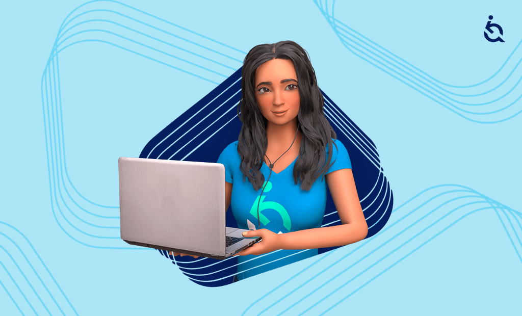 WCAG. Ewa segurando notebook, com camisa da EqualWeb, em fundo azul com elementos gráficos