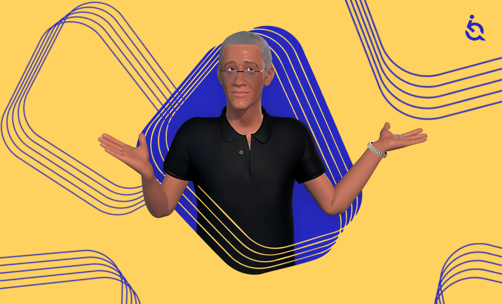 Acessibilidade digital no marketing. Personagem Ewerton, com expressão de dúvida e braços abertos, em fundo amarelo com formas azuis e logo da EqualWeb no canto superior direito.