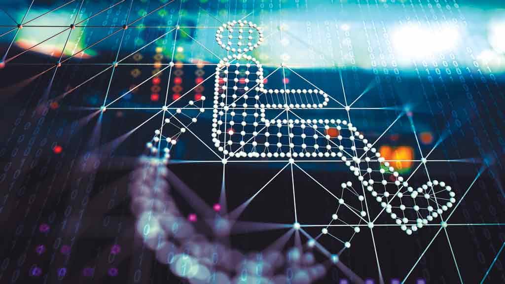 web da inclusão: imagem de uma pessoa na cadeira de rodas, em forma de vetor, só que em formato de bolinhas brilhantes, como se representasse a tecnologia.