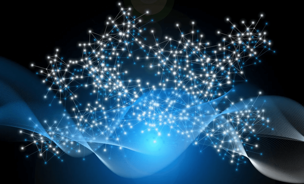 Imagem de fundo azul com alguns pontos de luzes em branco