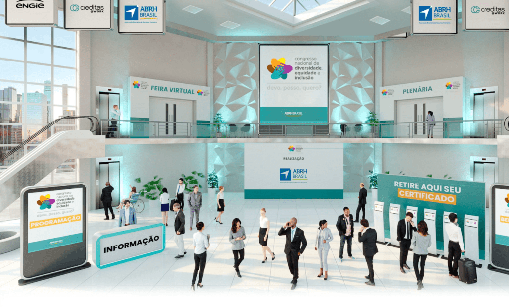 CNDEI. Imagem do estande virtual do evento. Na imagem é possível observar bonecos representando pessoas na feira vitual e também expositores das empresas que participaram do congresso.