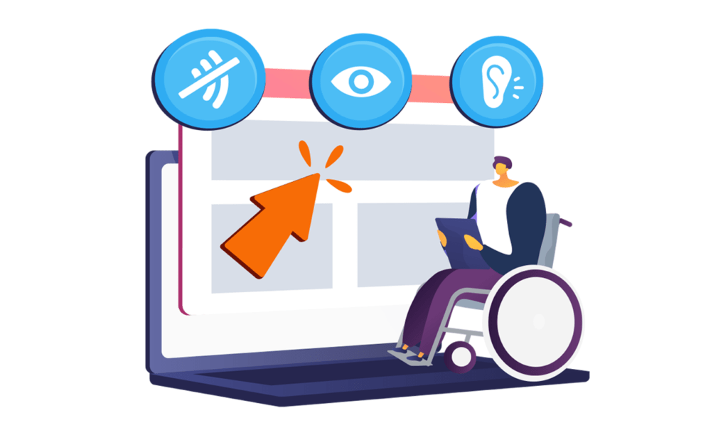 Acessibilidade digital: Imagem ilustrando um notebook aberto com um cadeirante por cima do teclado usando um tablet e acessando sites. Na tela do notebook aparece uma página da internet aberta com os símbolos da audicação, visão e áudio cortado.