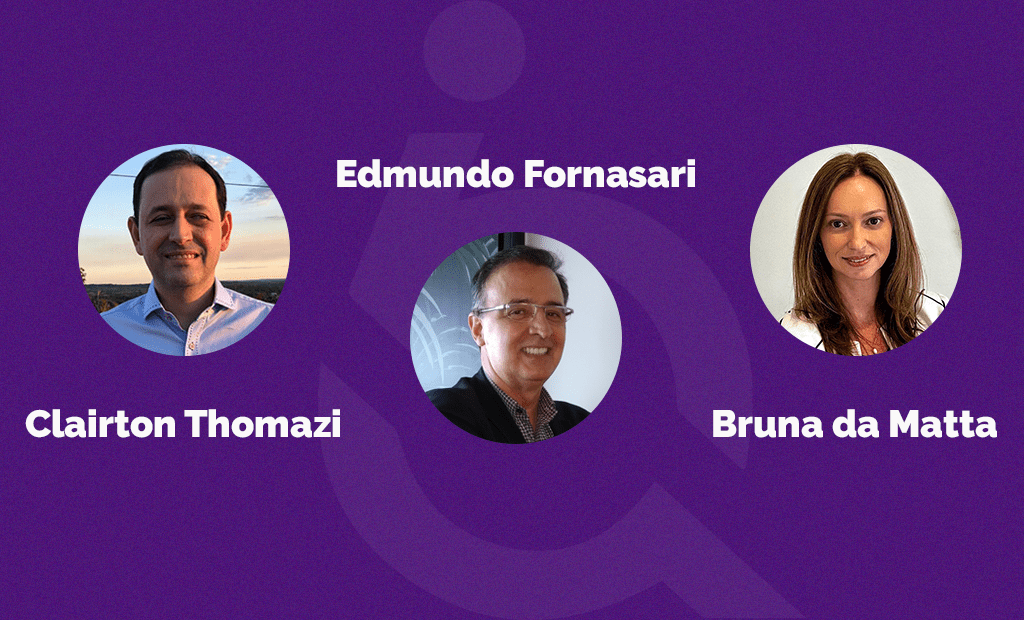 Tecnologia. Imagem de fundo roxo com a logo da Equalweb em transparência. No banner, temos as fotos de Clairton Thomazi, Edmundo Fornasari e Bruna da Matta.