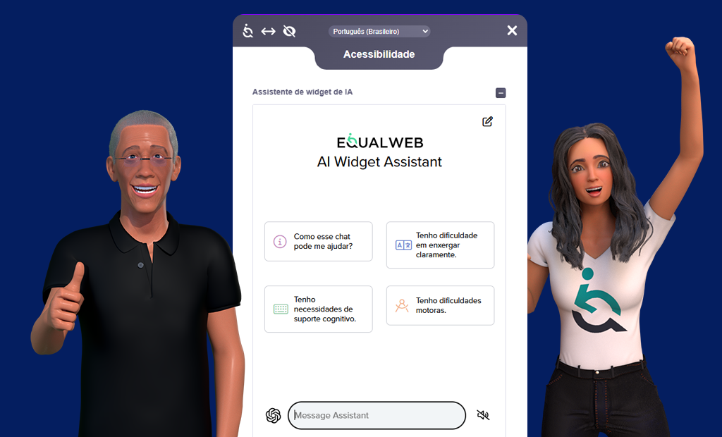 Novas funcionalidades. A imagem mostra os personagens Ewa e Ewerton. À esquerda está Ewerton, que veste uma camisa polo preta e faz um gesto de "joinha" com a mão direita. À direita, aparece Ewa, sorridente, com cabelos longos e ondulados. Ela veste uma camiseta branca com o logotipo da EqualWeb e levanta o braço direito em um gesto de celebração.