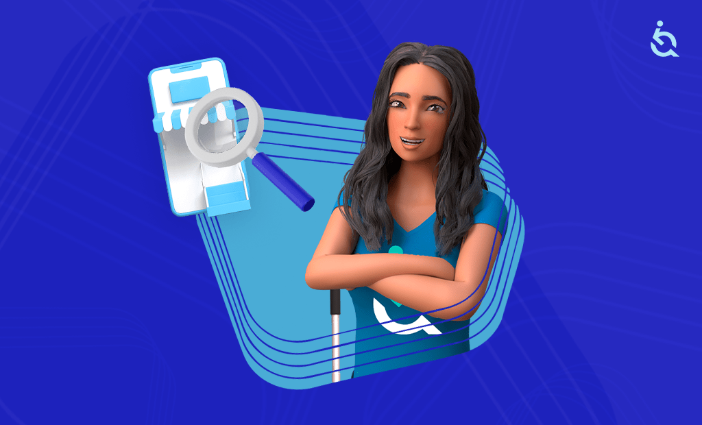 Leitores de tela. Fundo azul com elementos gráficos suaves. À direita, está Ewa, a personagem 3D da EqualWeb, com cabelos longos e ondulados. Ela veste uma camiseta azul com o símbolo da EqualWeb e segura uma bengala branca, indicando acessibilidade visual. À esquerda, há a ilustração de um smartphone com uma lupa, simbolizando recursos de acessibilidade como leitores de tela. No canto superior direito, está novamente o logotipo da EqualWeb.