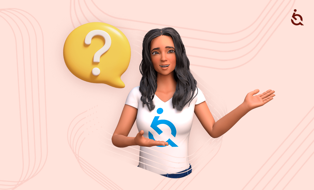 NBR-17225. A imagem apresenta Ewa, personagem da EqualWeb, com pele morena, cabelos longos e escuros, vestindo uma camiseta branca com a logomarca azul da EqualWeb no centro. Ela está com os braços estendidos para o lado direito. Ao lado de Ewa, há um balão de fala amarelo com um ponto de interrogação branco no centro.