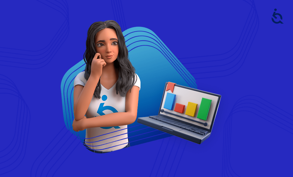 WCAG. Ewa, personagem com cabelo castanho, pensativa ao lado de um laptop exibindo um gráfico colorido. Ela usa uma camiseta com o logotipo da Equalweb. Fundo azul com linhas curvas.