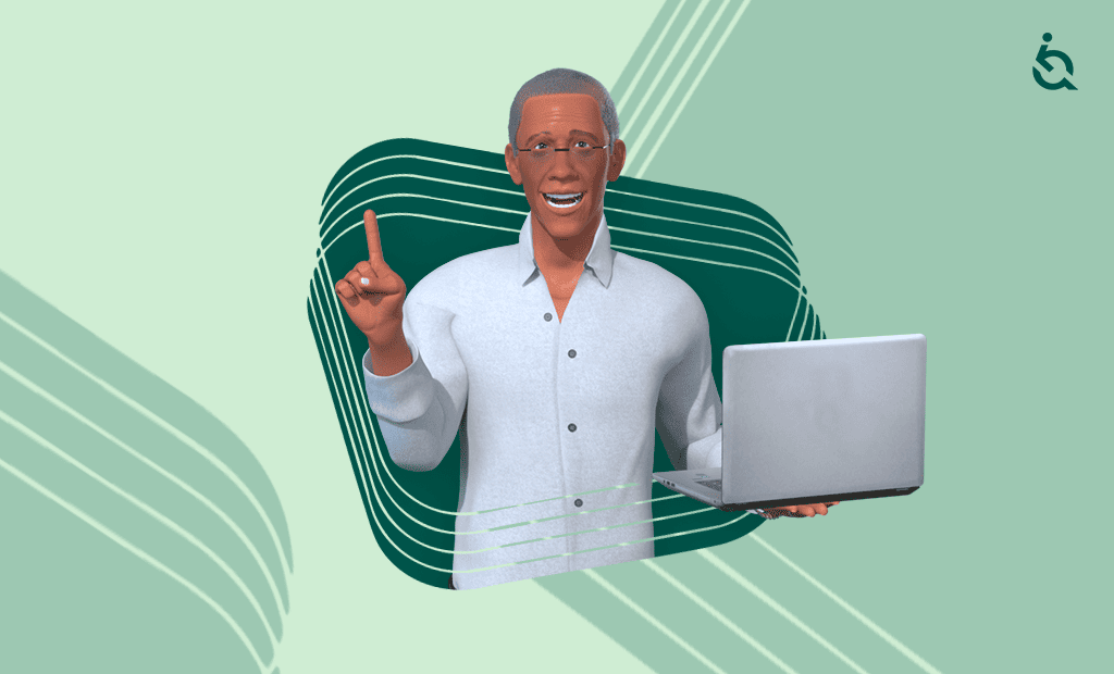 LBI.Personagem Ewerton segurando notebook e apontando com o dedo, sobre fundo gráfico verde.