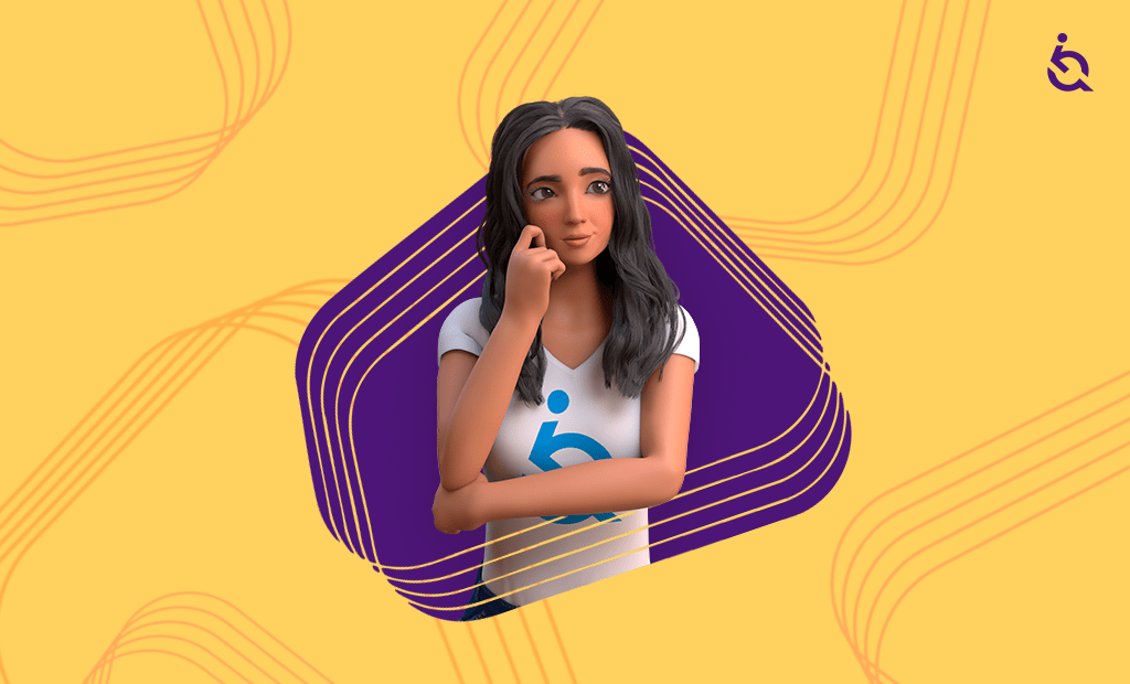 Autismo. Personagem Ewa com expressão pensativa, vestindo camisa com logo da Equalweb sobre fundo amarelo com formas curvas.